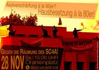 Plakat zur Demo für das SC4A: »Asylverschärfung á la 90er? Hausbesetzung á la 80er!«