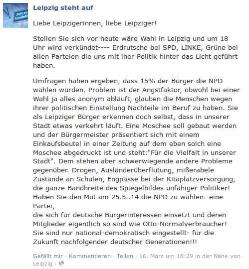 Die “Bürgerinitiative” “Leipzig steht auf” ruft zur Wahl der NPD auf.