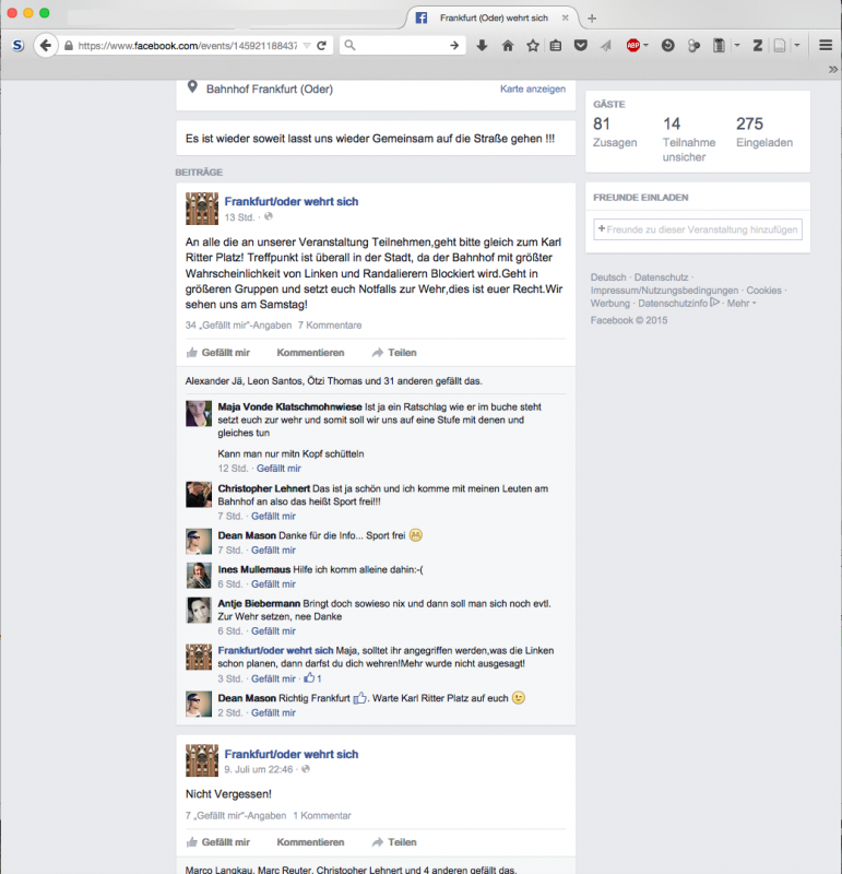 Notfalls mit Gewalt: Aufruf auf der Facebook-Seite von "Frankfurt/Oder wehrt sich" fünf Tage vor der Kundgebung.