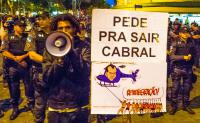 “please, Cabral, leave us” the baiano on a protest befor his arrest. Cabral is shown in a helicopter, as his private helicopter was shot 2008 from a favela and this was the starting point for forming the UPP