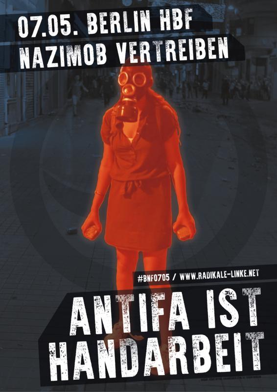 Plakat: Antifa ist Handarbeit - am 7. Mai den Nazimob vertreiben!