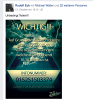 Kelch unter Pseudonym auf Facebook mit geänderter Infonummer kurz vor dem Konzert in der Schweiz