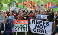 Protesters in Melbourne last week against the federal government’s offer to Adani of a $1bn taxpayer-funded loan to build a railway line to its Carmichael coalmine.
