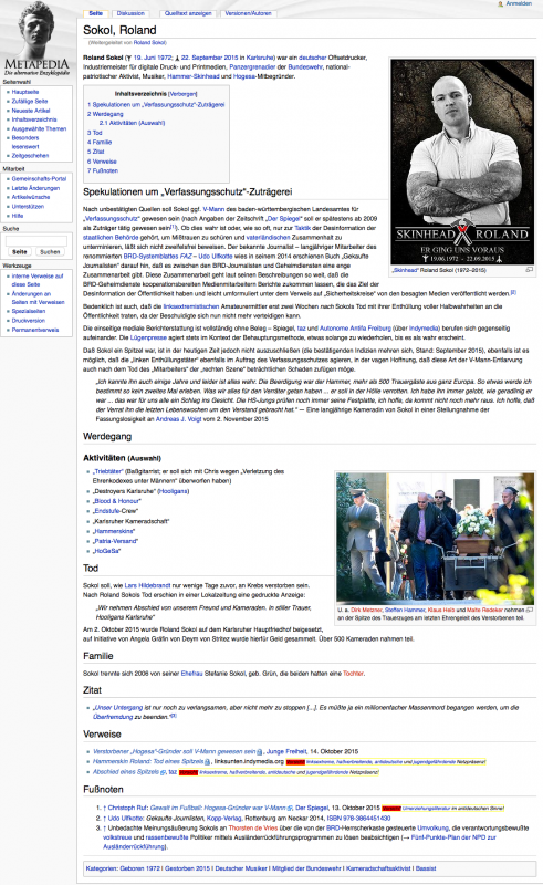 Naziwebsite Metapedia zu Roland Sokol