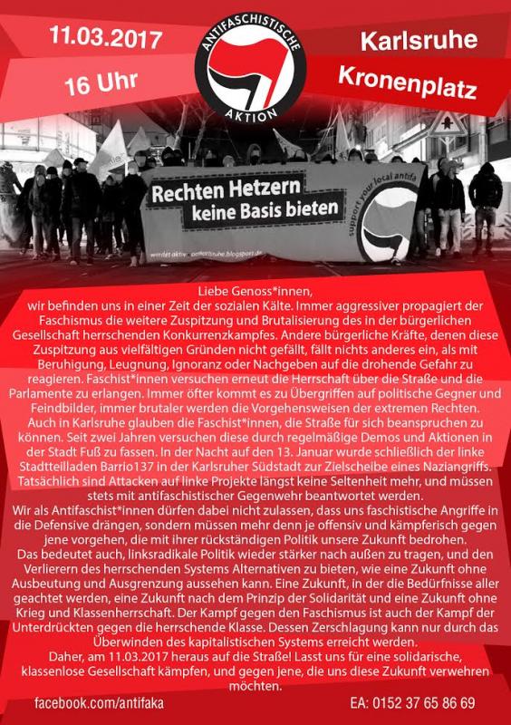 Flyer: Demonstration gegen Naziumtriebe in Karlsruhe – Den Nazis keine Zukunft!
