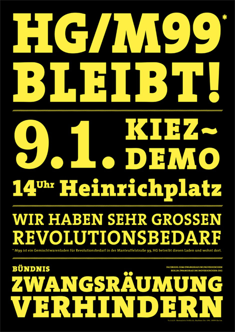 HG/M99 bleibt! am 9.01.2016 Kiez-Demo um 14 Uhr am Heinrichplatz