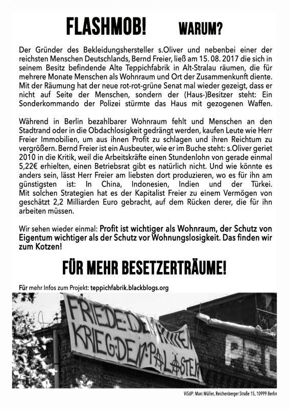 Flyer zu Flashmob bei S.Oliver (Besitzer Bernd Freier)