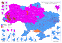 Election results, 2012. Blue: Party of the Regions, Pink: Fatherland, Brown: Svoboda, Orange: Communists, Red: UDAR. Pic credit: Olegzima