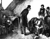 Sozialistengesetz 1878: Hausdurchsuchung, Reproduktion eines zeitgenössischen Holzschnittes