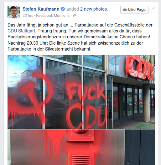 Stefan Kaufmann freut sich über Farbanschlag auf CDU
