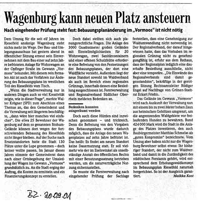 Badische Zeitung über Rieselfeld-Wagenplatz, 20.9.2001: "Wagenburg kann neuen Platz ansteuern"