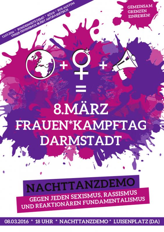 Flyer Frauen*kampftag: Nachttanzdemo in Darmstadt 2016