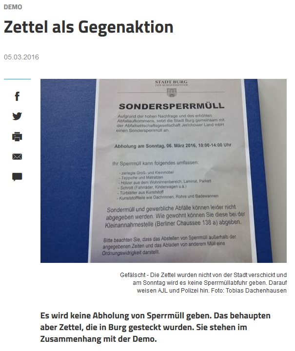 Screenshot Volksstimme zum Sondersperrmüll