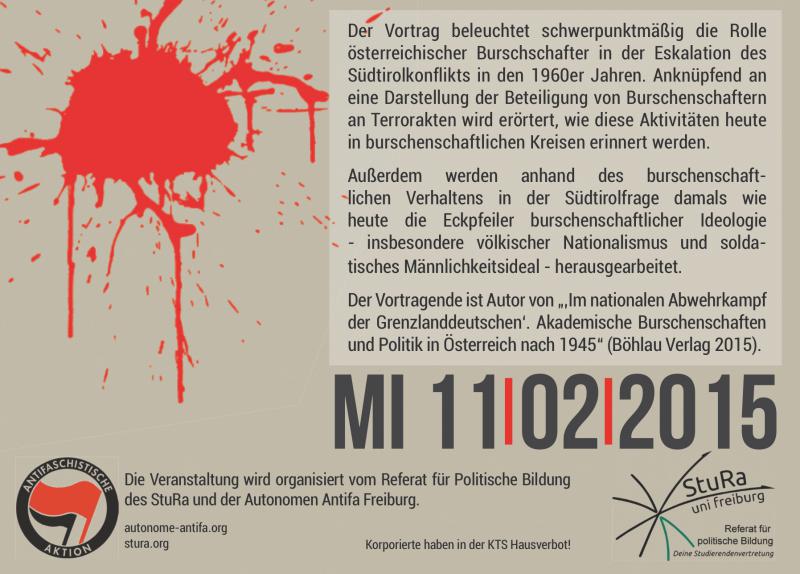 Burschenschaften und völkischer Terror in Südtirol/Alto Adige, 11.02.2015, 20h, KTS Freiburg