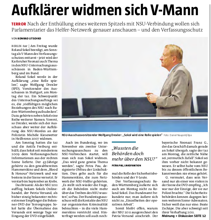 taz: »Aufklärer widmen sich V-Mann« (6.10.15)