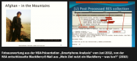 Fotoauswertung aus der NSA-Präsentation „Smartphone Analysis“ vom Juni 2012, von derNSA entschlüsselte BlackBerry-E-Mail aus „Mein Ziel nutzt ein BlackBerry – was tun?“ (2010)