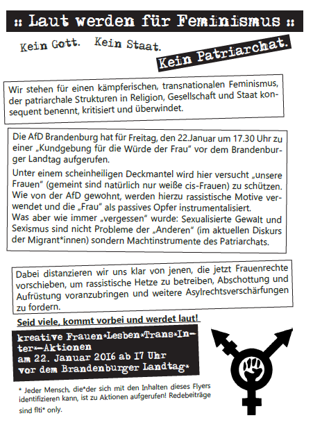 Laut werden für Feminismus. Kein Gott. Kein Staat. Kein Patriarchat. Flyer vorn