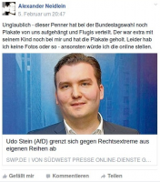 Laut NPD-Landeschef Neidlein pflegte der AfD-Abgeordnete Udo Stein recht enge Beziehungen zur NPD. Screenshot: Facebook