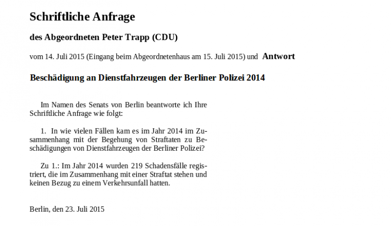 Schriftliche Anfrage von Peter Trapp (CDU) - Beschädigung an Dienstfahrzeugen der Berliner Polizei 2014