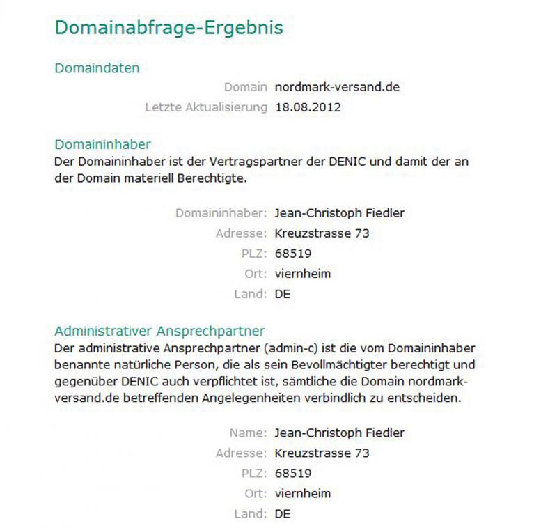 Screenshot - denic-Eintrag zum "Nordmark-Versand"