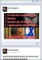 Nur ein Beispiel der politischen Postings von Cler Zugnoni:„1_Begünstigt die Ehe für Homosexuelle, 2_Zionist, 3_Anreize für Abtreibung, 4_Legalisierung von weichen Drogen - Die Wiederwahl einer Ruine“
