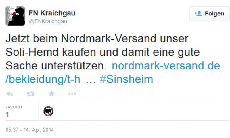 Werbung der FN Kraichgau auf Twitter für Fiedlers Sinsheim-T-Shirt (14.4.2014)