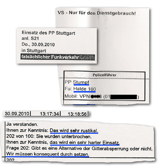 Ausriss aus den Funkprotokollen der Stuttgarter Polizei (gekürzt)