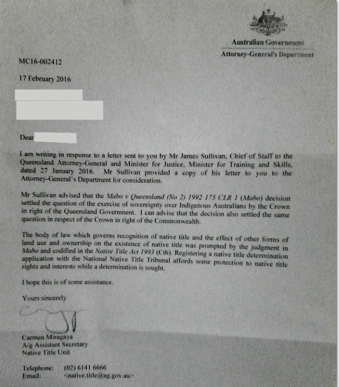 Letter from the Commonwealth Attorney-General’s Native Title Unit