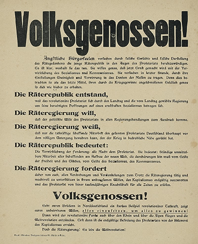 Von der Räteregierung der Münchner Räterepublik gegen Ende April 1919 verfasstes Plakat.