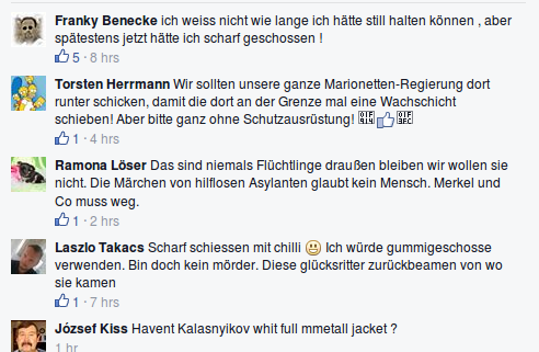Scharf schiessen - Kommentare zu Auseinandersetzungen Cops vs. Refugees an Grenze - Pegida Schweiz FB Seite 26.12.2015