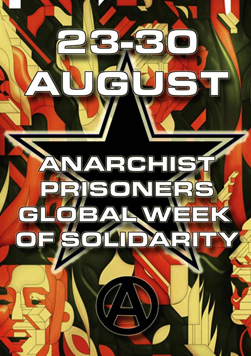 Plakat zur "Globalen Woche der Solidarität mit anarchistischen Gefangenen" vom 23.08 - 30.08.2014