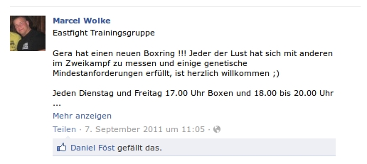 Marcel Wöll lädt bei Facebook zum Training ein