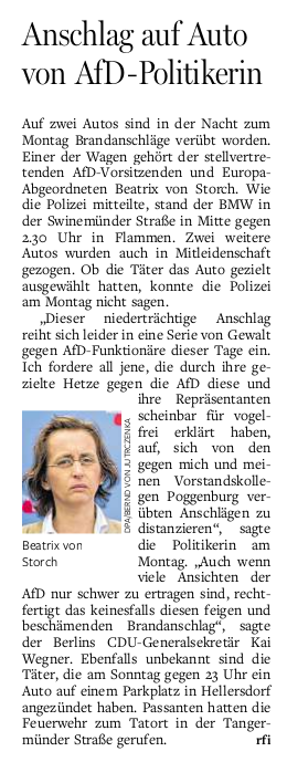 Berliner Morgenpost: »Anschlag auf Auto von AfD-Politikerin« 27.10.2015