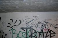 Nazi-Symbole. Beide Wände der Unterführung sind voller Sprüche und Zeichnungen. Darunter viele Nazi-Symbole.