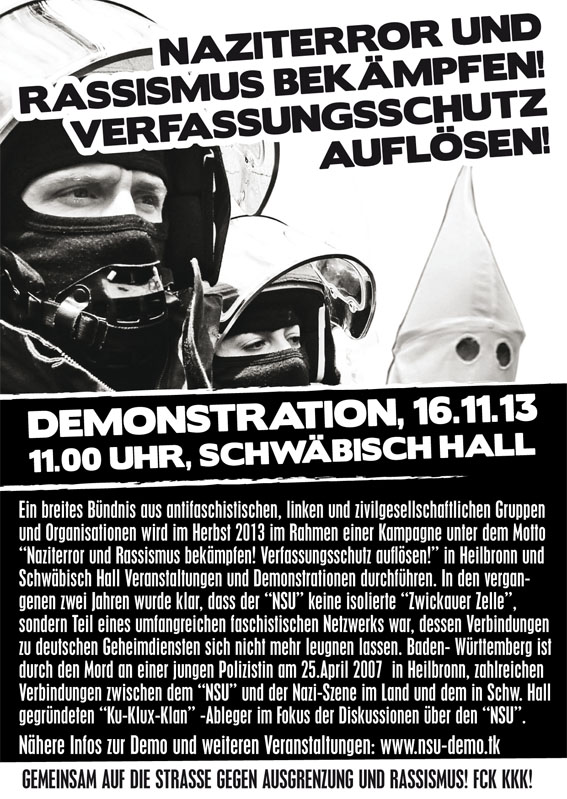 Flyer zur Demo gegen Naziterror, Rassismus und VS in Schwäbisch Hall