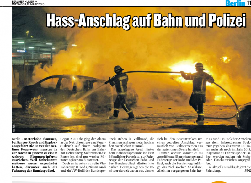 Berliner Kurier: Hass Anschlag auf Bahn und Polizei / 11.03.2015