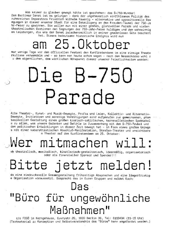 Handzettel zur B-750 Parade / Büro für ungewöhnliche Maßnahmen, Berlin
