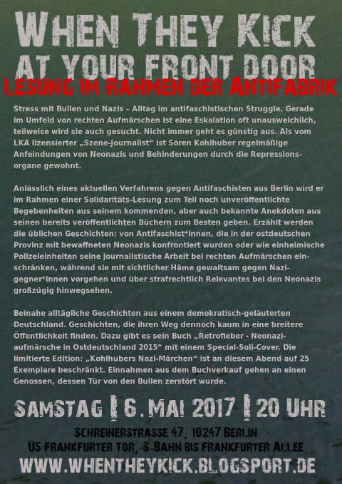 5. Mai 2017: Solilesung mit Sören Kohlhuber im Rahmen der Antifabrik, Schreina 47