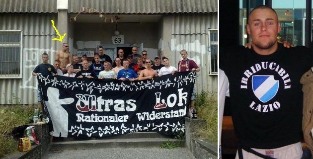 Links: Benjamin Brinsa (->) und weitere “Scenario Lok”-Mitglieder  am 1. August 2008 (Foto: Hosen Runter, dort auch weitere Details). Rechts: Brinsa in einem T-Shirt der faschistischen Lazio-Rom-Fangruppierung Irriducibili Lazio, aufgenommen ungefähr 2014
