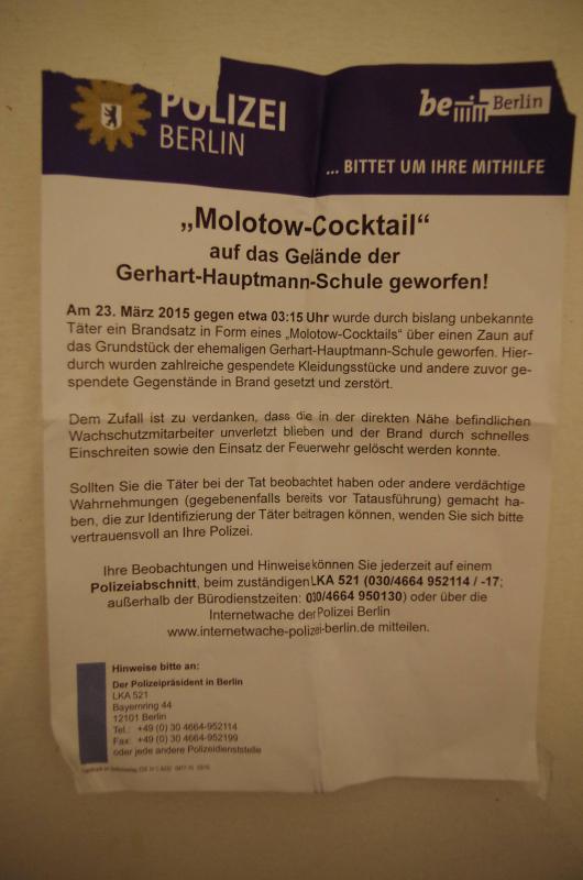 Bullen Aushang: "Molotow-Cocktail" auf das Gelände der Gerhart-Hauptmann-Schule geworfen!