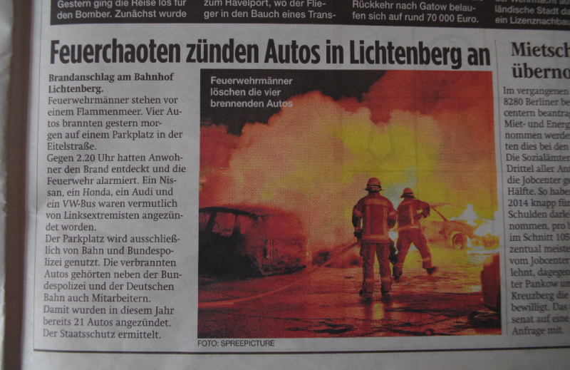 B.Z.: Feuerchaoten zünden Autos in Lichtenberg an / 11.03.2015