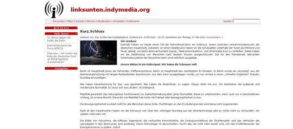 Auf dem Internetportal Indymedia ist ein Bekennerschreiben zum Kabelbrand am Bahnhof Ostkreuz aufgetaucht. - Screenshot: Tsp