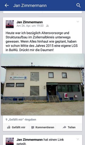 Facebook-Eintrag von Jan Zimmermann: Die NPD will ihre Parteizen­trale in unmittelbarer Nähe der Landeserstaufnahmestelle für Flüchtlinge einrichten.Foto: Facebook