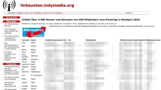Eine linke Website hatte die Liste der AfD-Delegierten veröffentlicht – mit Handynummern, Geburtsdaten und Mitgliedsnummer (BILD hat die Daten unkenntlich gemacht)