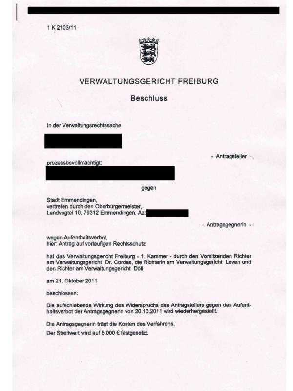 Verwaltungsgericht Freiburg Beschluss vom 21.10.11 (1/4)