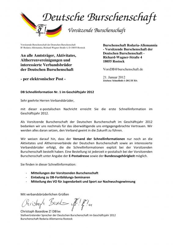 Schnellinformation Nr. 1 im Geschäftsjahr 2012 der Deutschen Burschenschaft