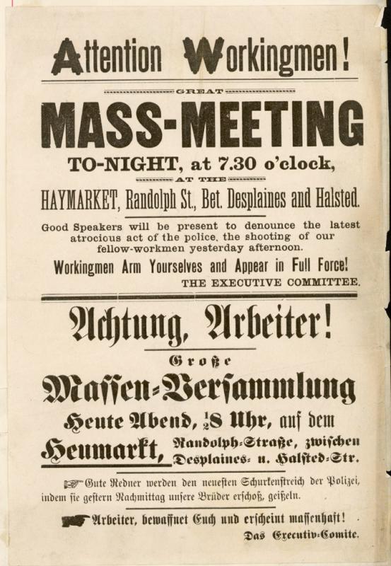 Haymarket Newspaper – Zweisprachiger Aufruf zur Versammlung am 4. Mai. Die zweite Auflage des Flugblatts enthielt die Aufforderung zur Bewaffnung nicht mehr.