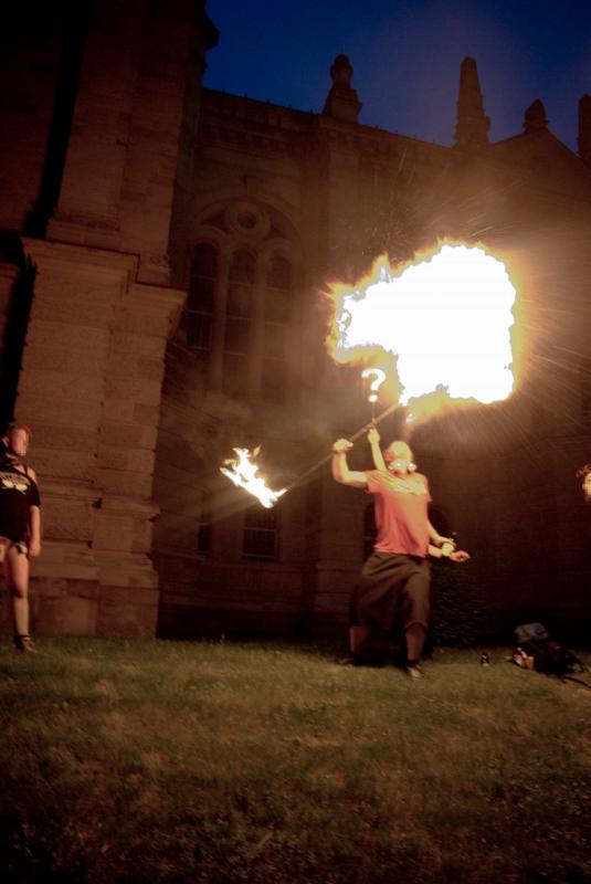 Fire breather at a night demo in Mainz, Germany.