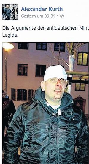 Alexander Kurth zeigt sich auf seiner Facebook-Seite mit Kopfverletzung. Scannen Sie dieses Foto und sehen Sie ein Video vom Demo-Geschehen am Montag. Screenshot: Facebook 