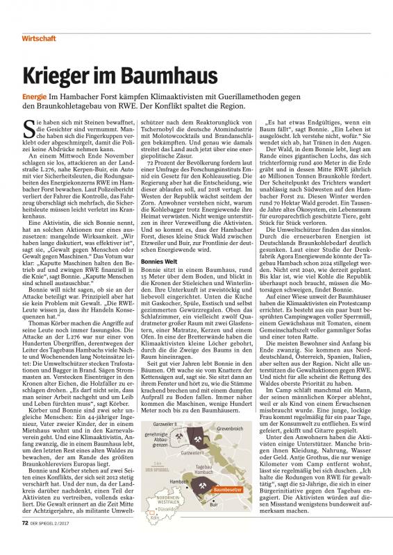 Der Spiegel 2/2017: »Braunkohletagebau: Krieger im Baumhaus« - Seite 1/2